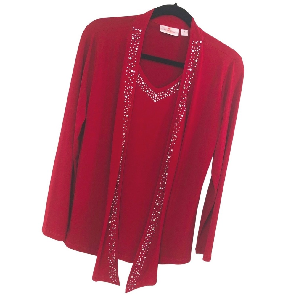 Quacker Factory Sparkle Cardigan Top Set 1 PC Holiday Party Event Red Womens S